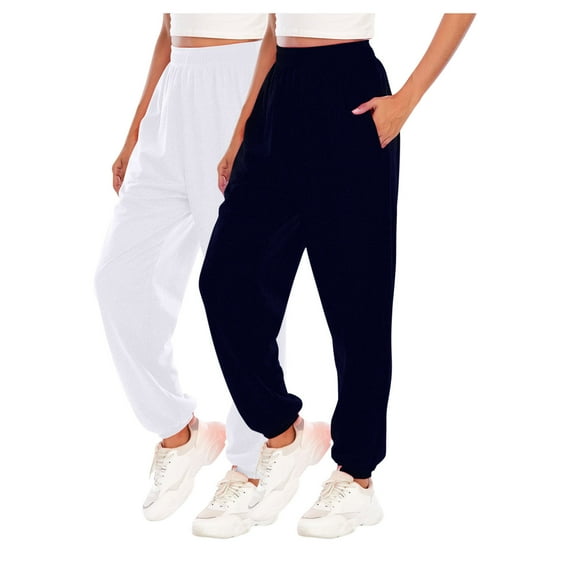 CLOISE Womens Jogger Sweatpants 2 Pack Baggy Joggers Lounge Pull on High Waisted Elastic Bottom Pants Dark Blue Gym Elastic Waist Solid Sweatpants with Pockets Fashion Winter Long Trousers L