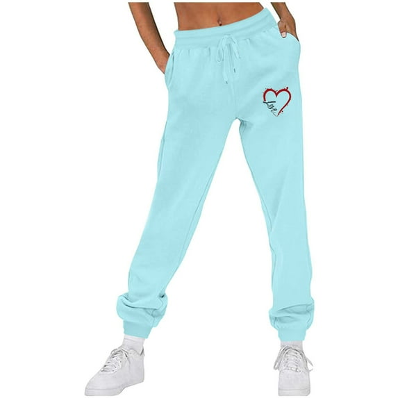 CLOISE Womens Jogger Sweatpants Baggy Fleece Joggers Casual Pull on Low Rise Elastic Bottom Pants Sky Blue Gym Elastic Waist Drawstring Heart Sweatpants with Pockets Fashion Fall Long Sweatpants