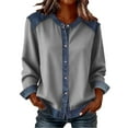 thumbnail image 1 of CLOISE Womens Long Sleeve Button down Shirts Denim Patchwork Dressy Blouses Collared Pullover Tops Casual Work Clothes, 1 of 7