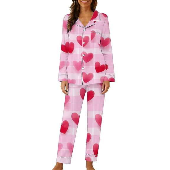 CLOISE Womens Long Sleeve Pajama Sets Long Pants Valentines Pjs Sets Button down Shirts Heart Lounge Set 2 Piece Loungewear Hot Pink