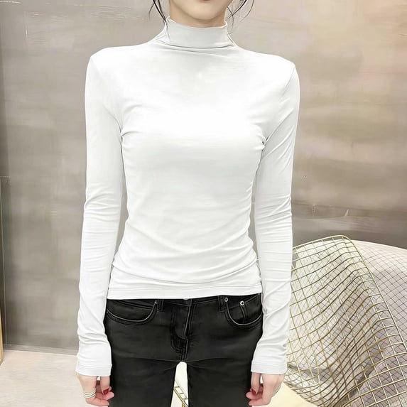 CLOISE Womens Long Sleeve Shirts Plus Size Tops Mock Neck Casual Pullover Solid Color Blouses White 3XL