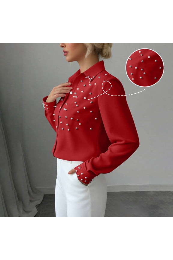 Womens Long Sleeve Tee Shirts Plus Size Tops Button Collared Casual Pullover Solid Color Loose Blouses Red 3XL