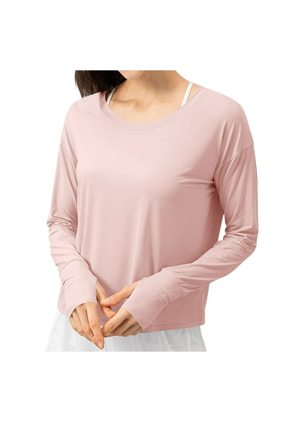 Womens Long Sleeve Tee Shirts Plus Size Tops Round Neck Workout Pullover Solid Color Loose Blouses Pink 3XL