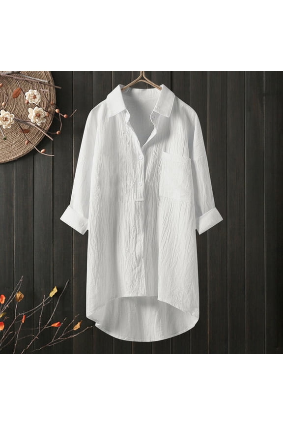 Womens Long Sleeve Tee Shirts Plus Size Tops with Pockets Collared Casual Pullover Solid Color Blouses White L