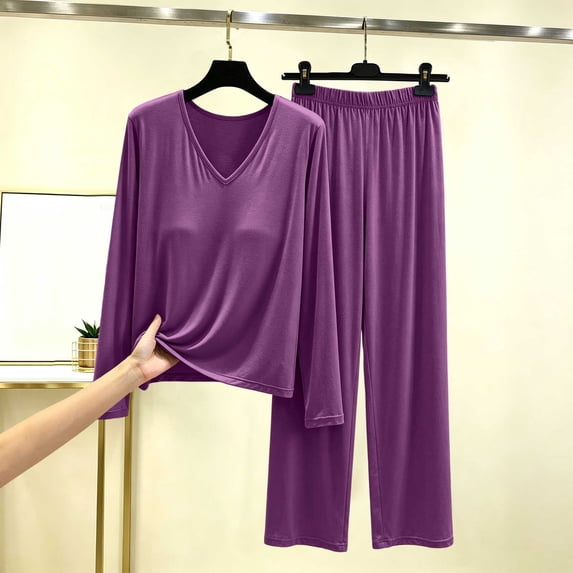 CLOISE Womens Loungewear Set 2 Piece Modal Long Sleeve Pjs Solid Color ...
