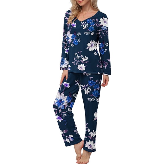 CLOISE Womens Pajama Sets 2-Piece Comfy Long Sleeve Sleepwear Shirts and Comfort Lounge Pants Night Clothes Set Comfortable Floral Graphic Classic Night Clothes
