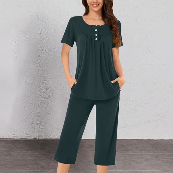 CLOISE Womens Pajama Sets 2-Piece Comfy Short Sleeve Sleepwear Shirts and Comfort Capri Pants with Pockets Night Clothes Set Comfortable Button Pleated Solid Winter Pajamas