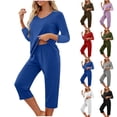 thumbnail image 1 of CLOISE Womens Pajama Sets Long Sleeve Pjs Sets Pockets Crewneck Tops and Capri Pant Solid Lounge Set 2 Piece Loungewear, 1 of 7