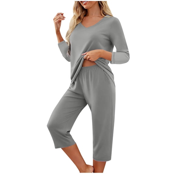 CLOISE Womens Pajama Sets Long Sleeve Pjs Sets Pockets Crewneck Tops and Capri Pant Solid Lounge Set 2 Piece Loungewear