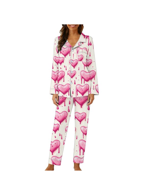 Womens Pajama Sets Long Sleeve Valentines Pjs Sets Button down Shirts and Pant Heart Lounge Set 2 Piece Loungewear Red