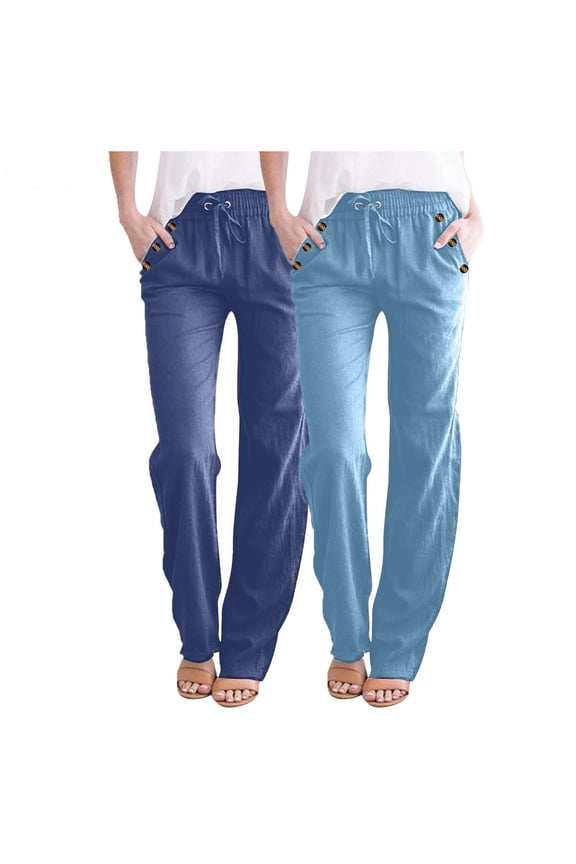Womens Palazzo Pants Plus Size with Pockets Plus Size Drawstring Long Pants Wide Leg Casual 2 Pack Linen Solid Baggy Trousers Elastic Waist Vacation Clothes