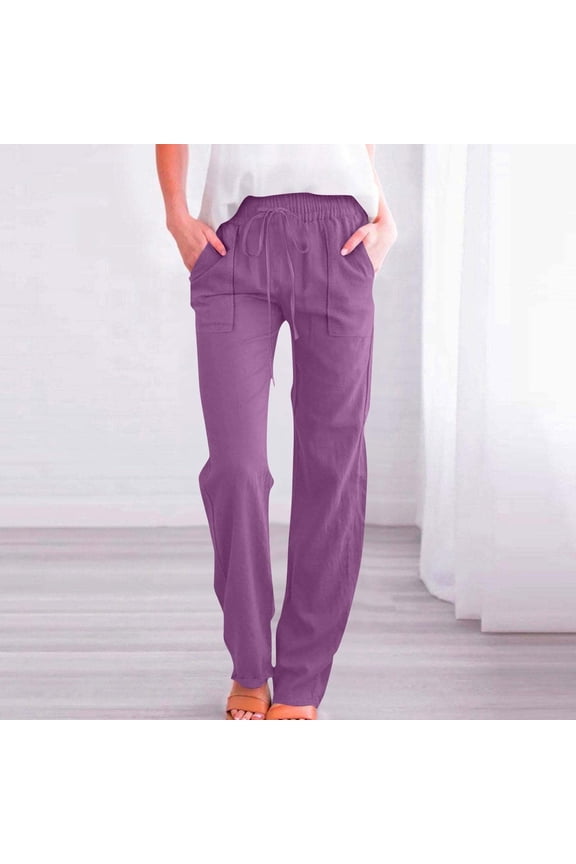 Womens Pants Casual Petite Drawstring Elastic Waist Cotton Linen Solid Summer Pants with Pockets