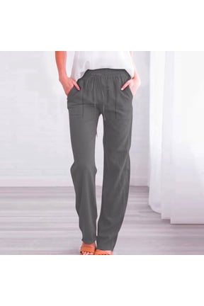 Womens Pants Casual Petite Drawstring Elastic Waist Cotton Linen Solid Summer Pants with Pockets