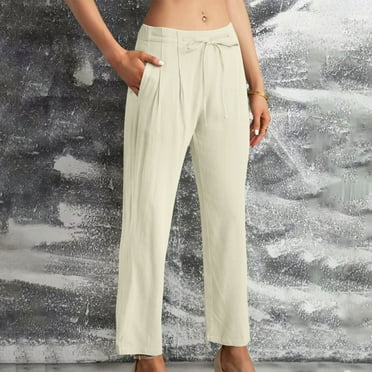 CLOISE Womens Pants Cotton Linen Pants Mid Rise Straight Leg Pants Pull On Lounge Pants Drawstring Elastic Waist Pants Solid Comfy Pants Casual Fashion Beige