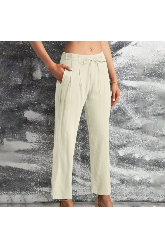 Womens Pants Cotton Linen Pants Mid Rise Straight Leg Pants Pull On Lounge Pants Drawstring Elastic Waist Pants Solid Comfy Pants Casual Fashion Beige