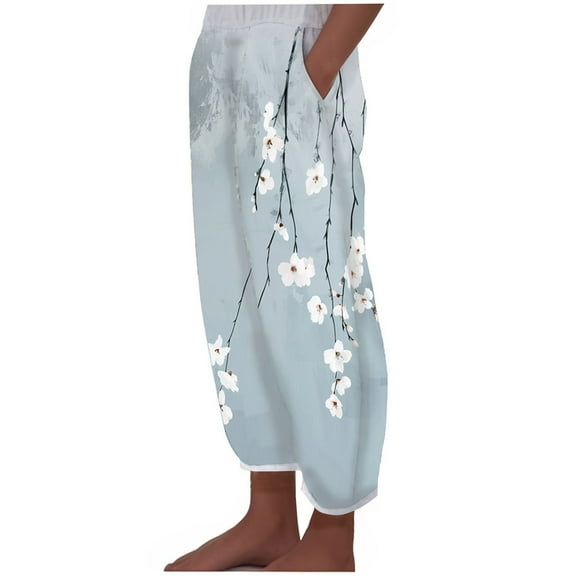 CLOISE Womens Pants With Pockets Petite High Waisted Pants Elastic Waist Straight Leg Trousers Pull On Lounge Trousers Casual Fashion Floral Print Pants Light Blue