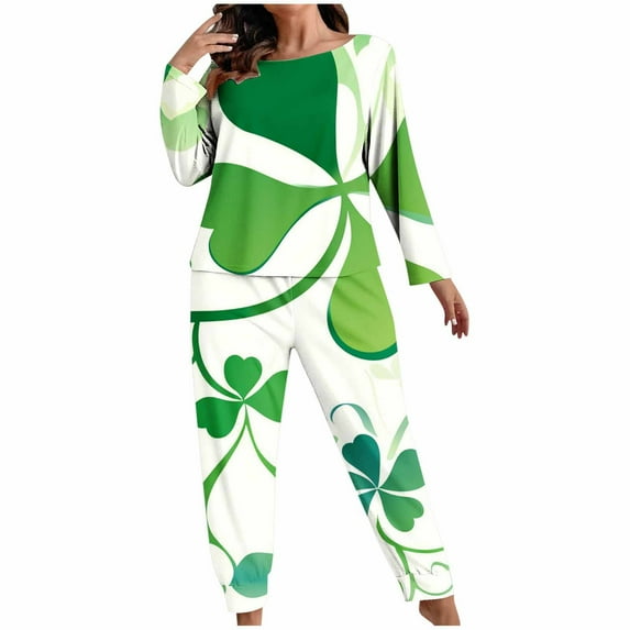 CLOISE Womens Pjs Sets Plus Sizes St Patricks Day Pajamas Long Sleeve Tops and Pant Green Leaves Lounge Set 2 Piece Loungewear Green