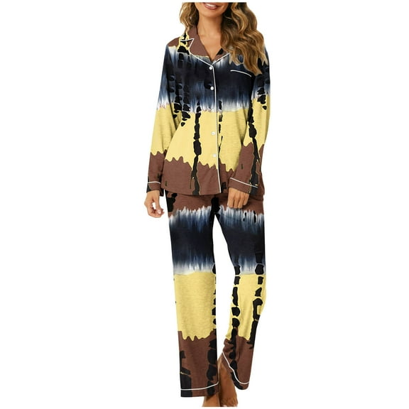 CLOISE Womens Pjs Sets Two Piece Casual Long Sleeve Sleepwear Shirts and Cozy Lounge Pants with Pockets PJ Set Comfy Button Down Color Block Printed Winter Pajamas