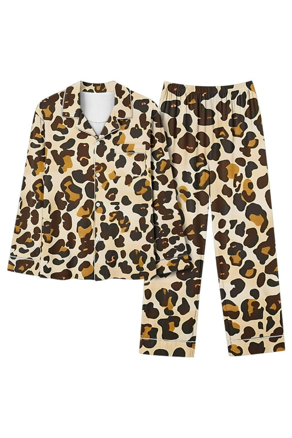 Womens Pjs Sets Two Piece Casual Long Sleeve Sleepwear Shirts and Cozy Lounge Pants PJ Set Comfy Button Down Leopard Printed Cute Pjs