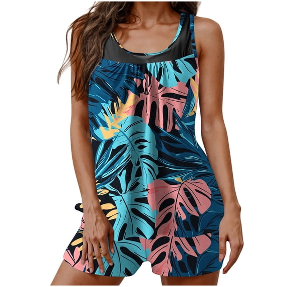 CLOISE Womens Plus Size Swimsuits Tankini Two Piece with Boy Shorts Full Coverage Bathing Suit Flowers Swimwear Hawaiian Beachwear