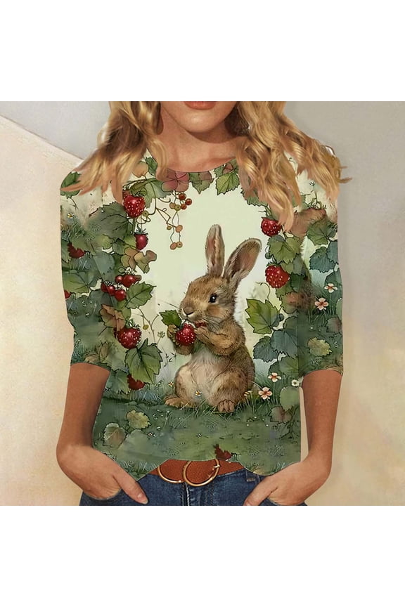 Womens Pullover Tops 3/4 Sleeve Easter Plus Size Shirts Crewneck Holiday Tshirt Bunny Holiday Blouses Multicolor