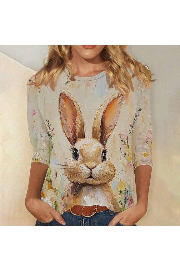Womens Pullover Tops 3/4 Sleeve Easter Plus Size Shirts Crewneck Holiday Tshirt Bunny Holiday Blouses Multicolor
