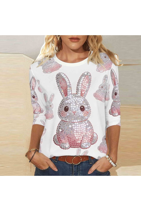 Womens Pullover Tops 3/4 Sleeve Easter Plus Size Shirts Crewneck Holiday Tshirt Bunny Holiday Blouses White 2XL