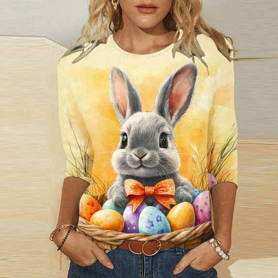 CLOISE Womens Pullover Tops 3/4 Sleeve Easter Plus Size Shirts Crewneck Holiday Tshirt Bunny Loose Holiday Blouses Multicolor