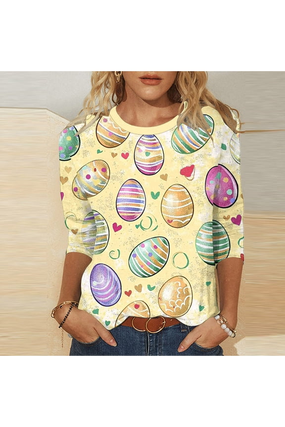 Womens Pullover Tops 3/4 Sleeve Easter Plus Size Shirts Crewneck Holiday Tshirt Easter Eggs Loose Holiday Blouses Yellow