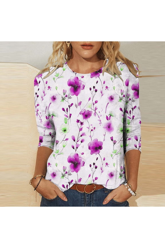Womens Pullover Tops 3/4 Sleeve Plus Size Shirts Crewneck Casual Tshirt Print Loose Summer Blouses Hot Pink 4XL