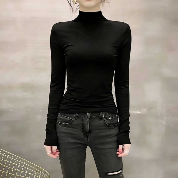 CLOISE Womens Pullover Tops Long Sleeve Plus Size Shirts Mock Neck Casual Tshirt Solid Color Blouses Black L