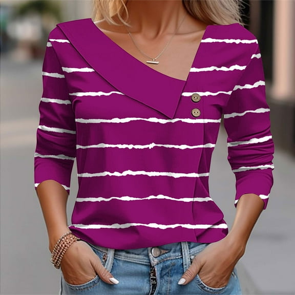 CLOISE Womens Shirts Fall Cute Striped Tees Button V-Neck Long Sleeve Tops Oversized Asymmetrical Color Block Shirts Flowy Clothes Purple XL