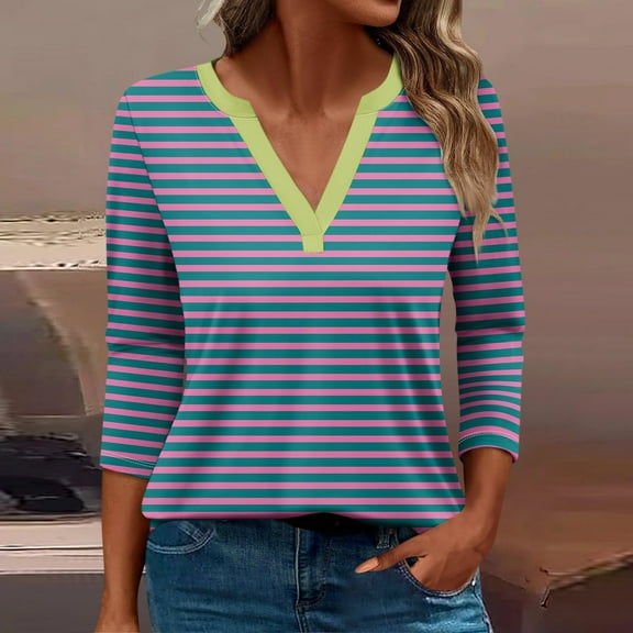 CLOISE Womens Shirts Fall Cute Striped Tees V-Neck 3/4 Sleeve Tops Oversized Colorblock Basic Shirts Flowy Clothes Pink L