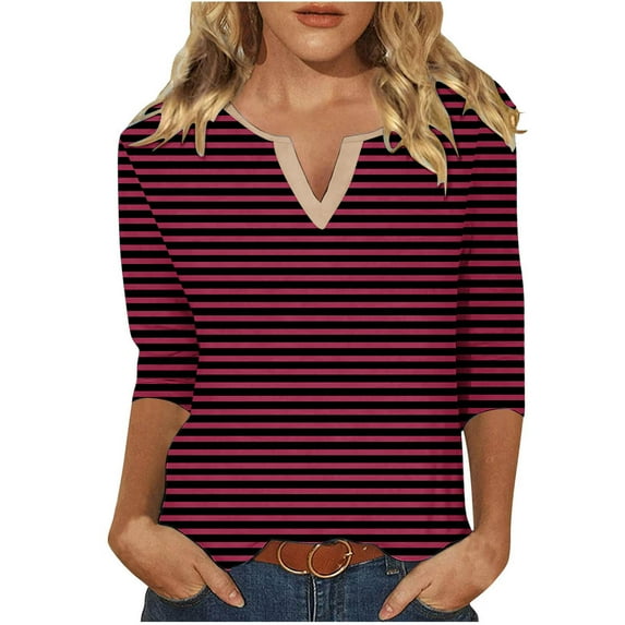 CLOISE Womens Shirts Fall Cute Striped Tees V Neck 3/4 Sleeve Tops Oversized Colorblock Basic Shirts Flowy Clothes Wine 2XL
