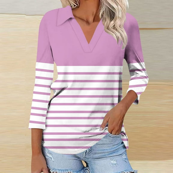 CLOISE Womens Shirts Fall Fashion Striped Tees Lapel V-Neck 3/4 Sleeve Tops Casual Color Block Basic Shirts Flowy Outfits Pink L