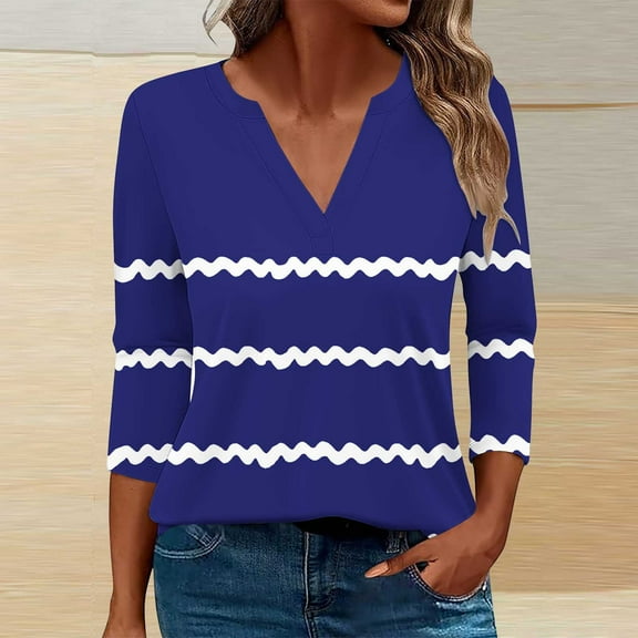 CLOISE Womens Shirts Fall Fashion Striped Tees V-Neck 3/4 Sleeve Tops Casual Basic Shirts Flowy Outfits Navy XL