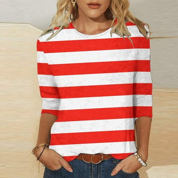 CLOISE Womens Shirts Fall Trendy Striped Tees Crew Neck 3/4 Sleeve Tops Soft Colorblock Basic Shirts Elegant Outfits Red XL