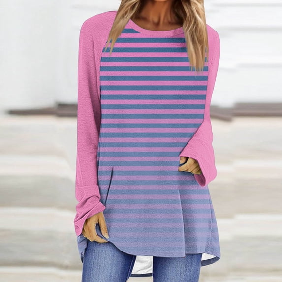 CLOISE Womens Shirts Fall Trendy Striped Tees Crewneck Long Sleeve Raglan Tops Soft Colorblock Shirts Elegant Outfits Hot Pink XL