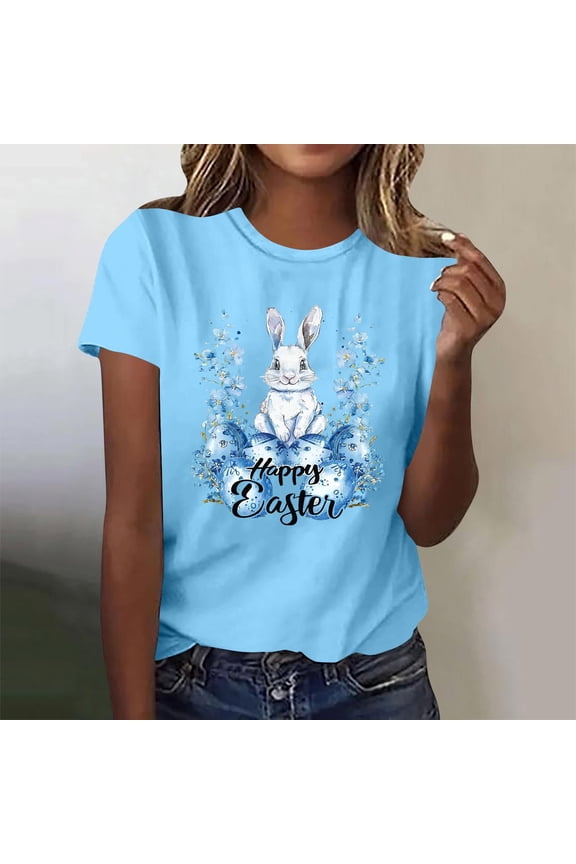 Womens Short Sleeve Shirts Easter Plus Size Tops Crewneck Holiday Pullover Bunny Holiday Blouses Blue