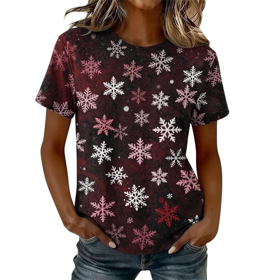 CLOISE Womens Short Sleeve Shirts Plus Size Christmas Snowflake Crew Neck Pullover Short Sleeve Tee Tops Slim Festive Holiday Photos Clothing L