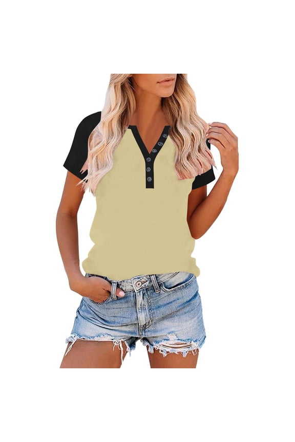 Womens Short Sleeve Shirts Plus Size Tops Button Crewneck Casual Pullover Color Block Loose Summer Blouses Khaki