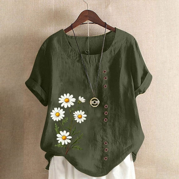 CLOISE Womens Short Sleeve Shirts Plus Size Tops Button Round Neck Casual Pullover Graphic Summer Blouses Army Green