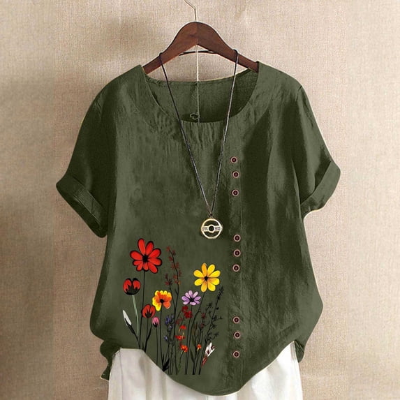 CLOISE Womens Short Sleeve T Shirts Plus Size Tops Button Round Neck Casual Pullover Graphic Summer Blouses Army Green
