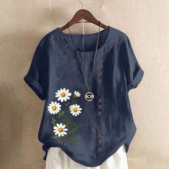 CLOISE Womens Short Sleeve T Shirts Plus Size Tops Button Round Neck Casual Pullover Graphic Summer Blouses Navy