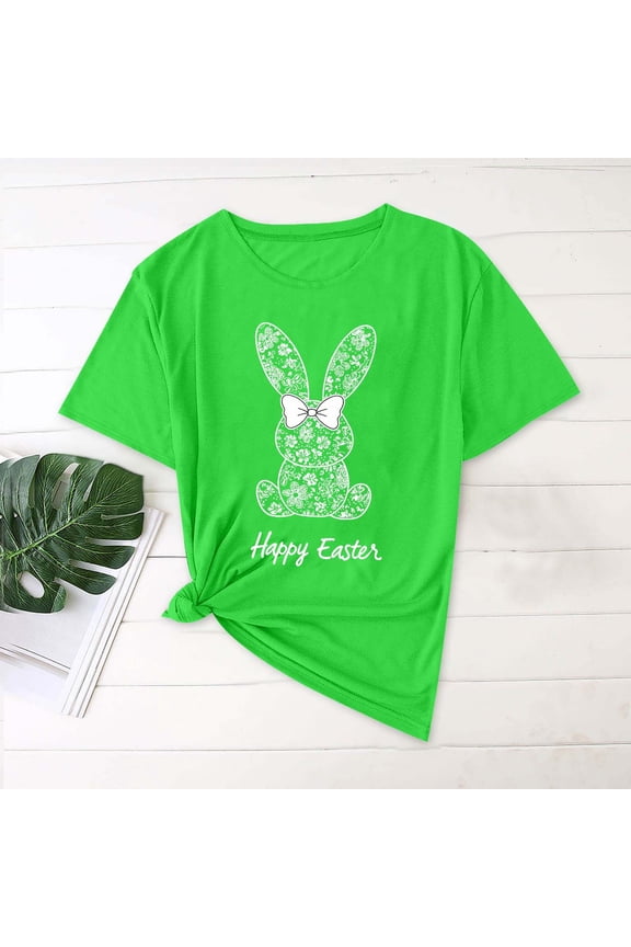 Womens Short Sleeve Tee Shirts Easter Plus Size Tops Crewneck Holiday Pullover Bunny Holiday Blouses Green