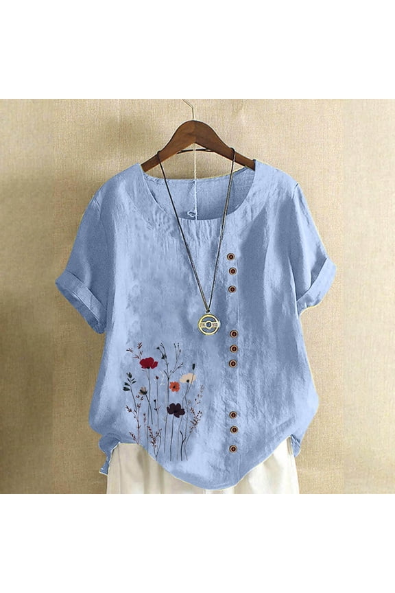 Womens Short Sleeve Tee Shirts Plus Size Tops Button Crewneck Casual Pullover Graphic Summer Blouses Light Blue
