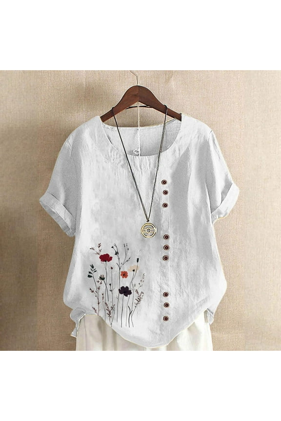 Womens Short Sleeve Tee Shirts Plus Size Tops Button Crewneck Casual Pullover Graphic Summer Blouses White