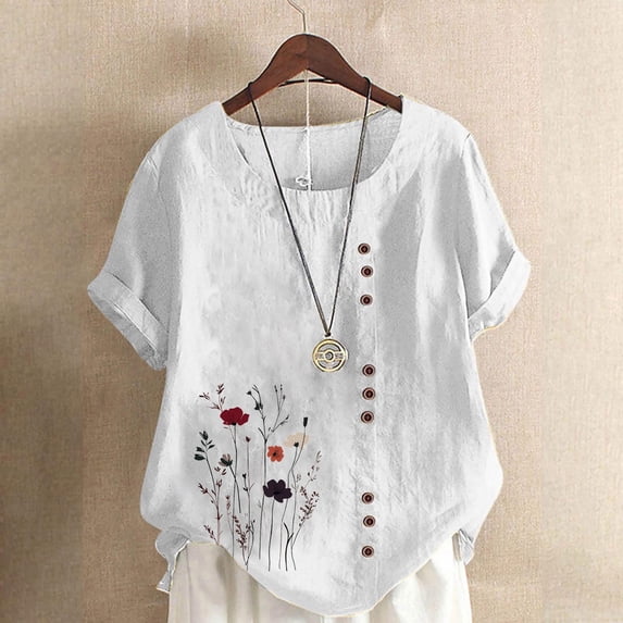 CLOISE Womens Short Sleeve Tee Shirts Plus Size Tops Button Crewneck Casual Pullover Graphic Summer Blouses White
