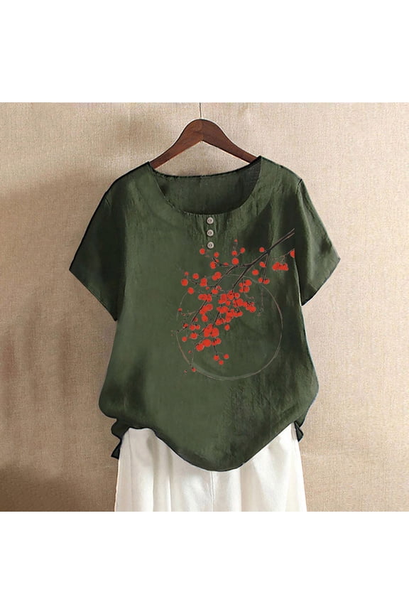 Womens Short Sleeve Tee Shirts Plus Size Tops Button Round Neck Casual Pullover Graphic Summer Blouses Army Green