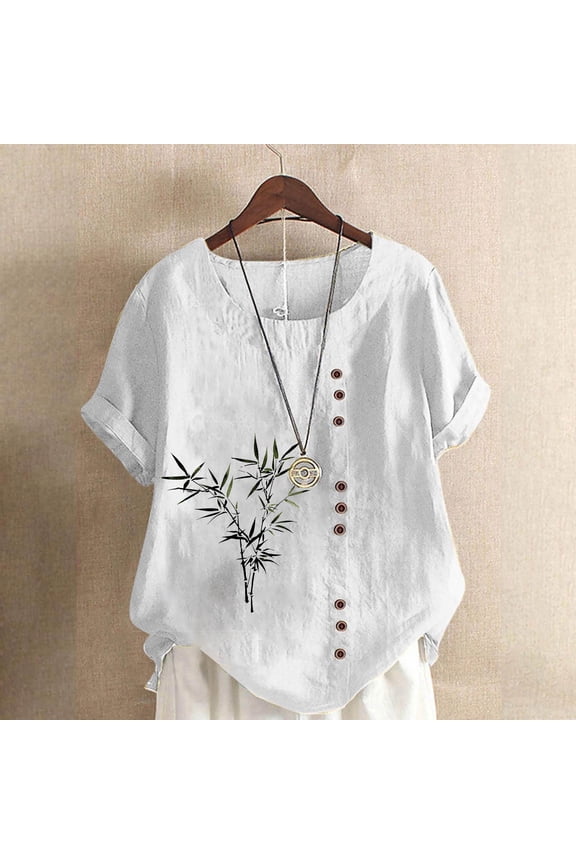 Womens Short Sleeve Tee Shirts Plus Size Tops Button Round Neck Casual Pullover Graphic Summer Blouses White